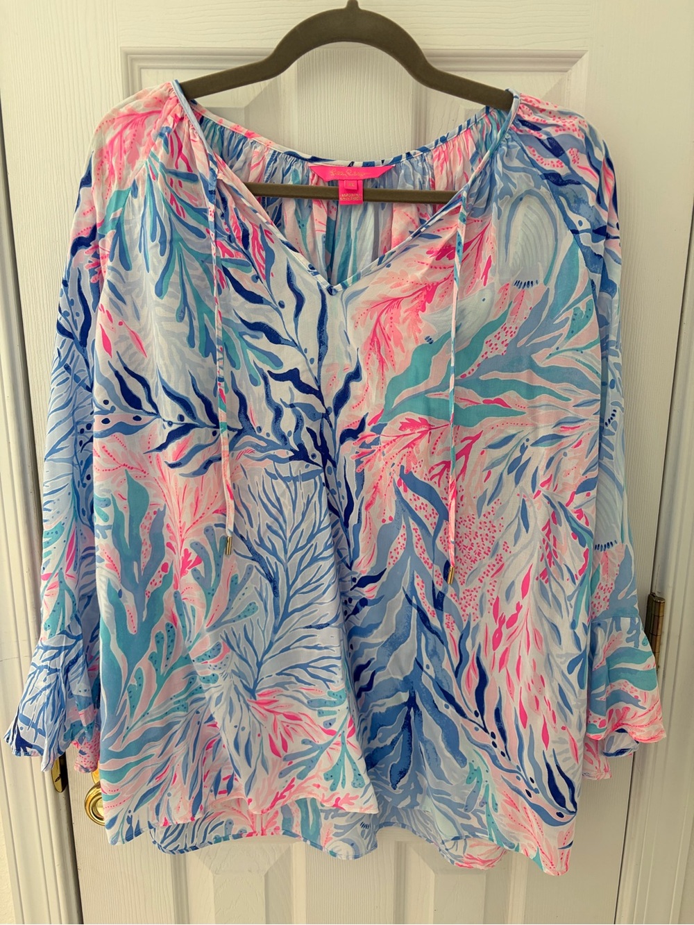 Lilly Pulitzer Willa Pink Blue Aqua Tie-Neck Printed Blouse
